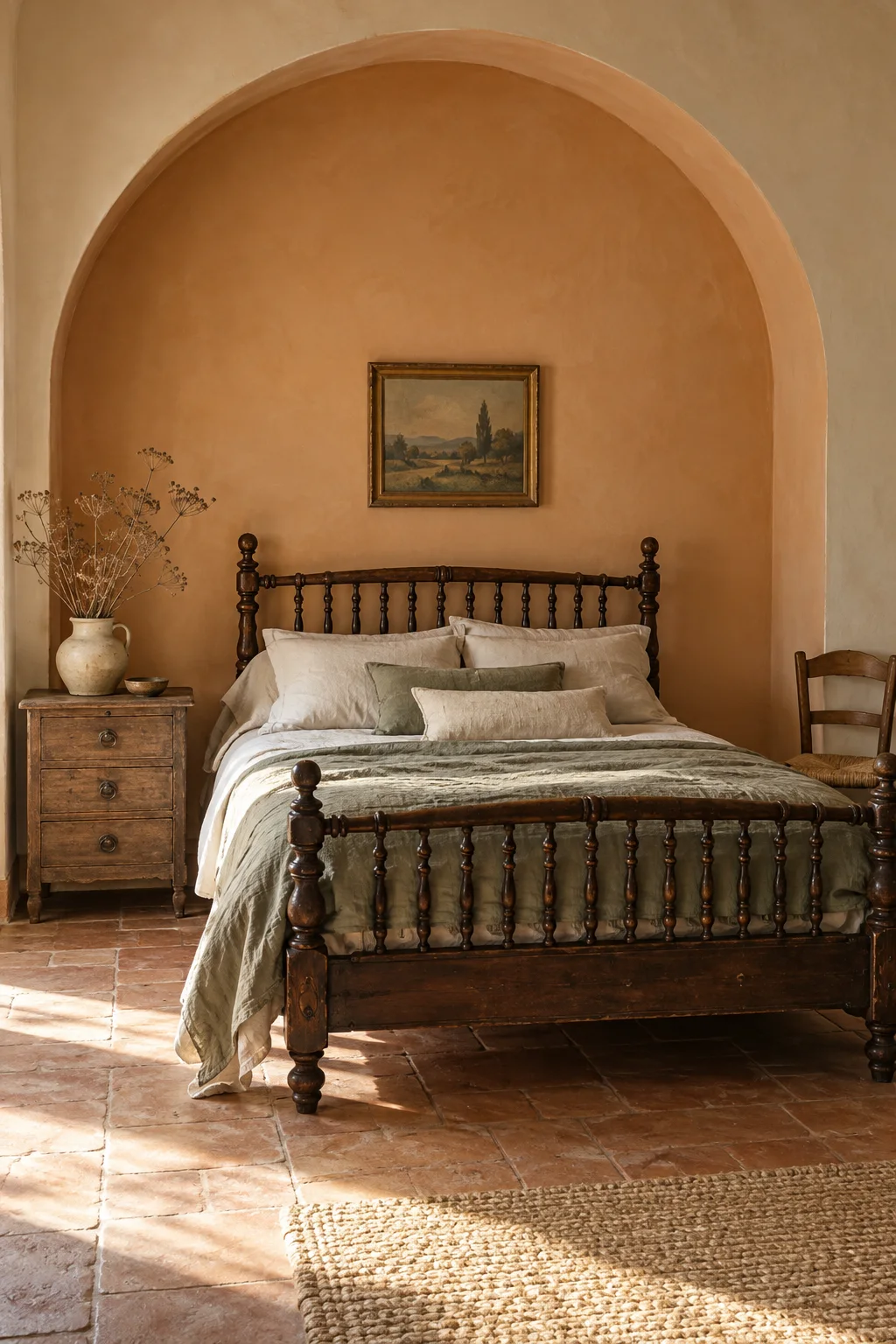 French country bedroom with a turned-wood bed, sage green bedding and bedside chest inside an apricot-colored alcove.