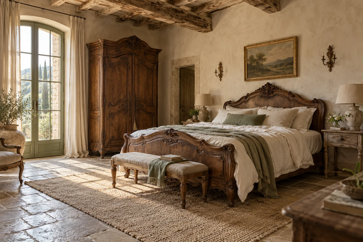 French country bedroom with a carved wood bed and armoire, linen bedding and aged bedside tables.