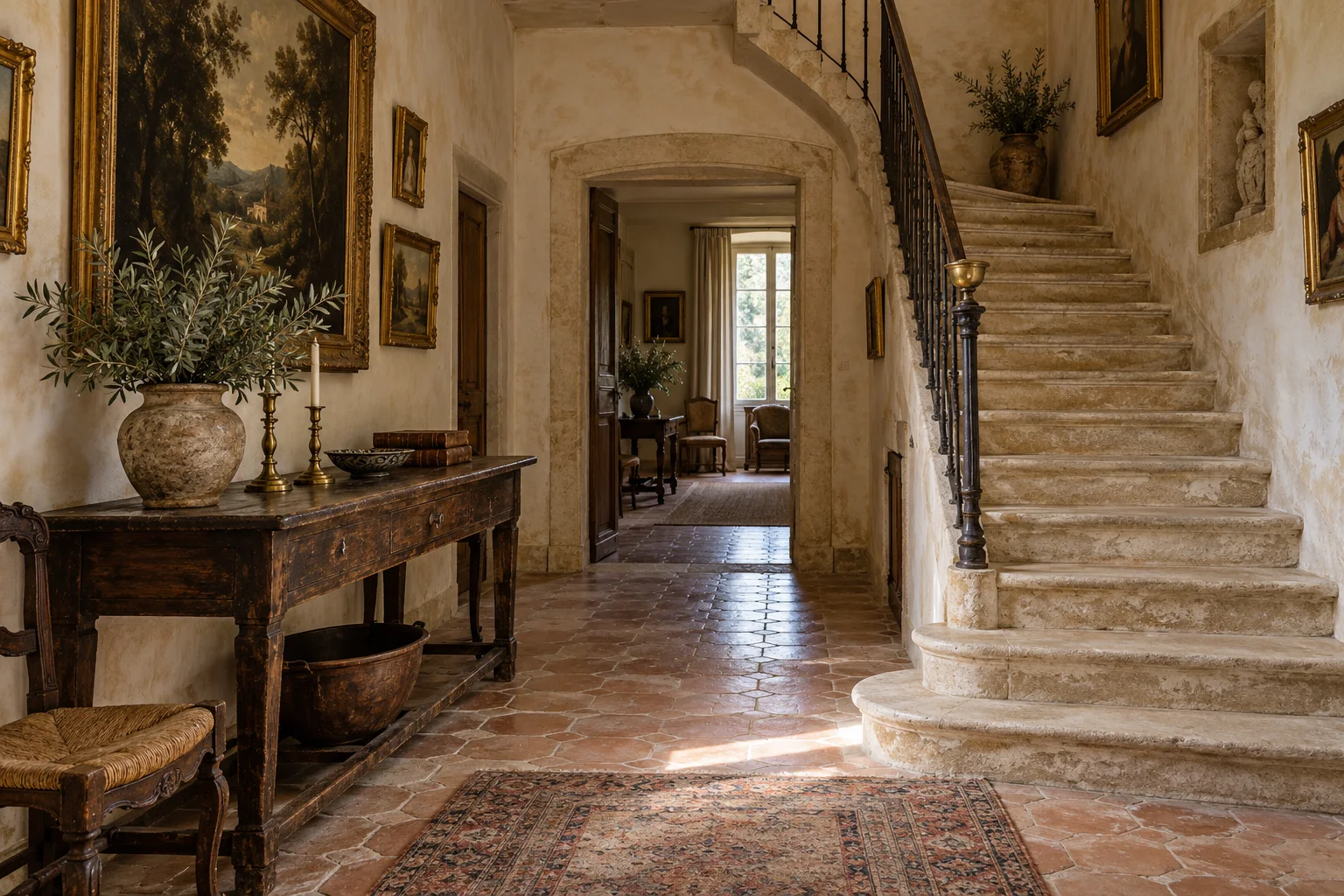 French country hallway with a long mirror, framed prints and an aged bench.