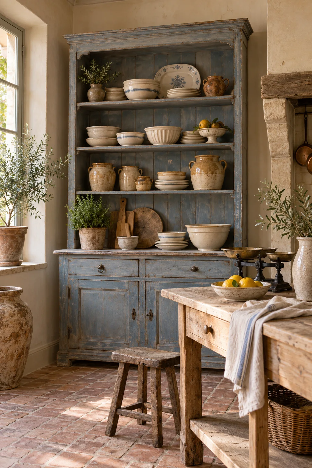 Rustic French kitchen with a blue-painted dresser, cream bowls, earthenware jars and a wooden worktable with vintage scales.