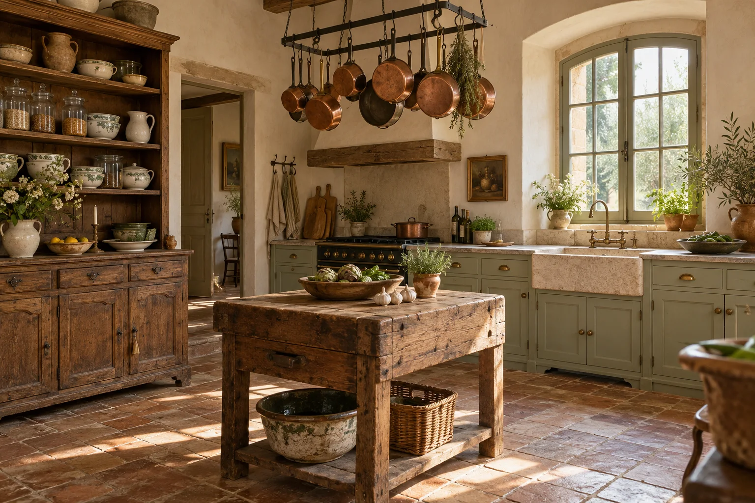 French country kitchen with copper pans, an antique dresser, glass jars, butcher block and terracotta floor.