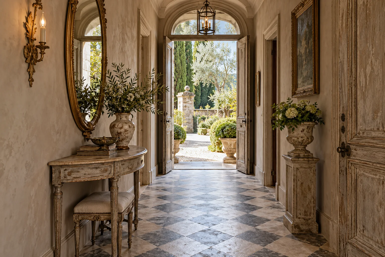 AI-created French country entryway scene with an oval mirror above a small console.