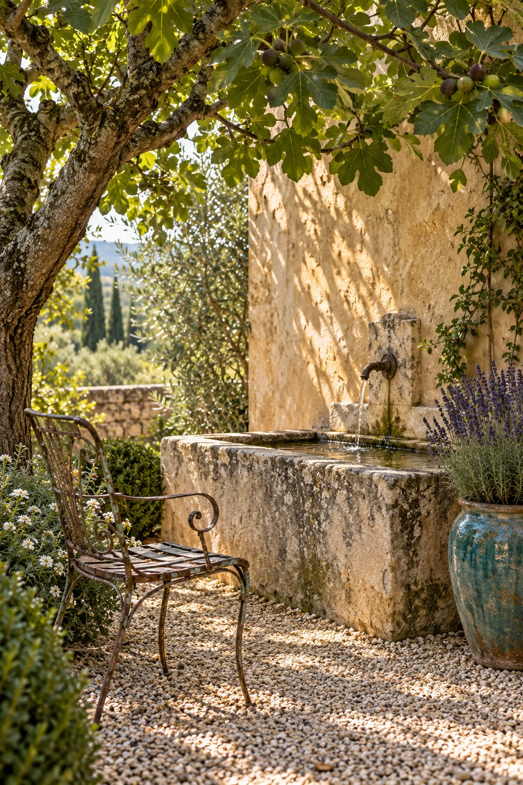 Mediterranean garden with a stone trough fountain, weathered iron chair and blue-green lavender pot beneath a fig tree.