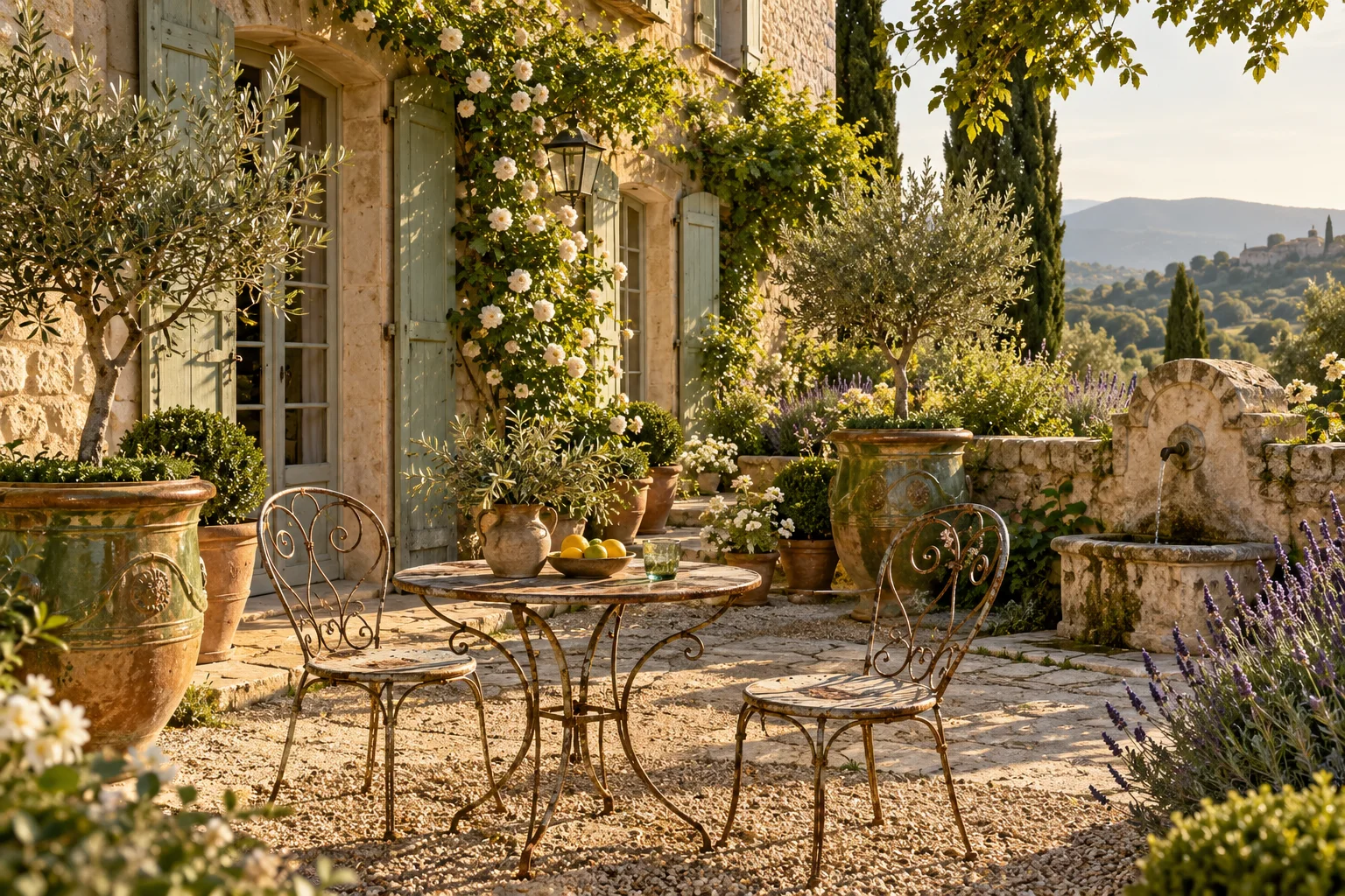 French country garden with iron furniture, Anduze planters, olive trees and a stone fountain.