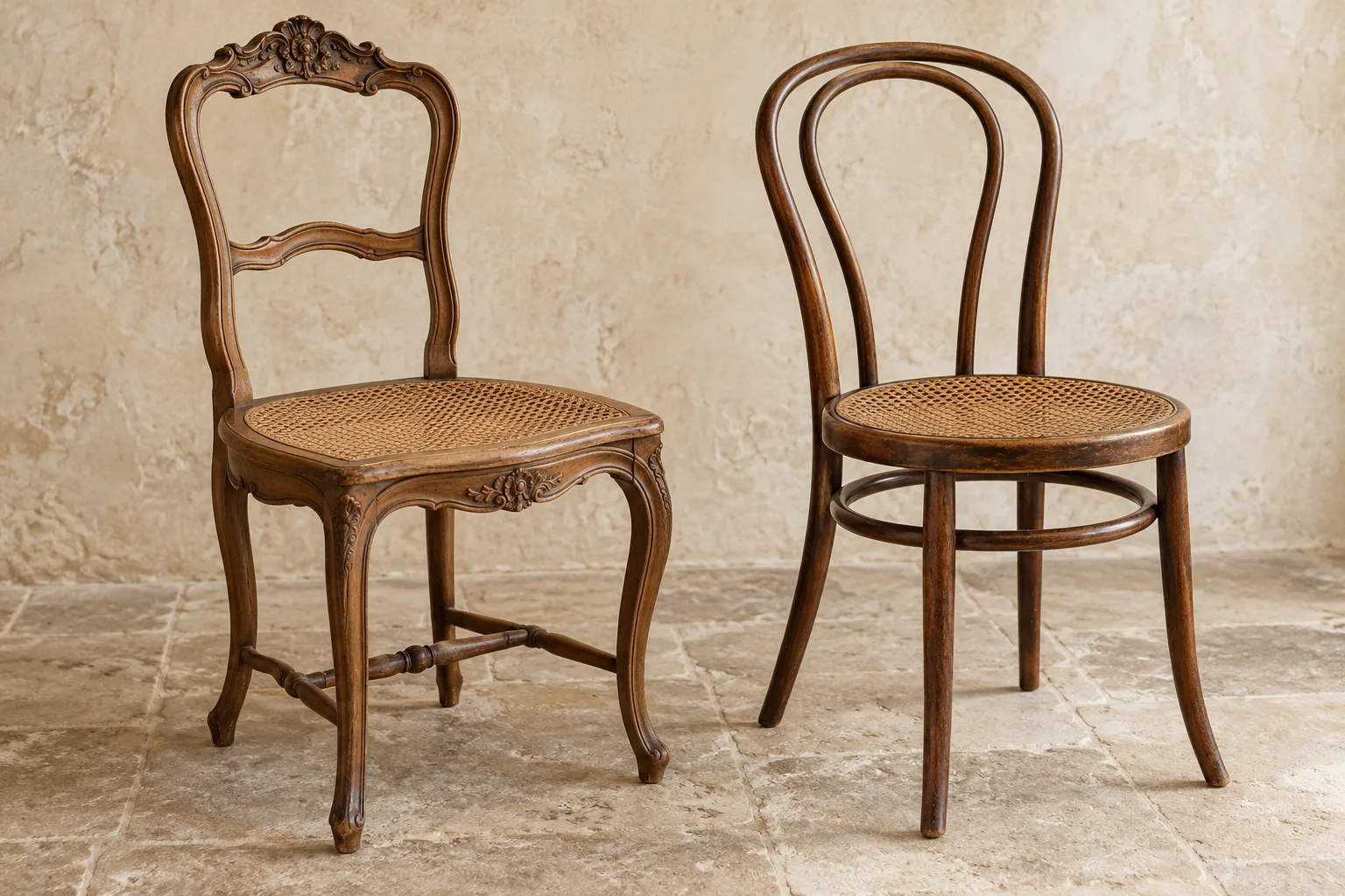Two antique French chairs, one with a cane seat and one in bentwood, on a pale stone floor.