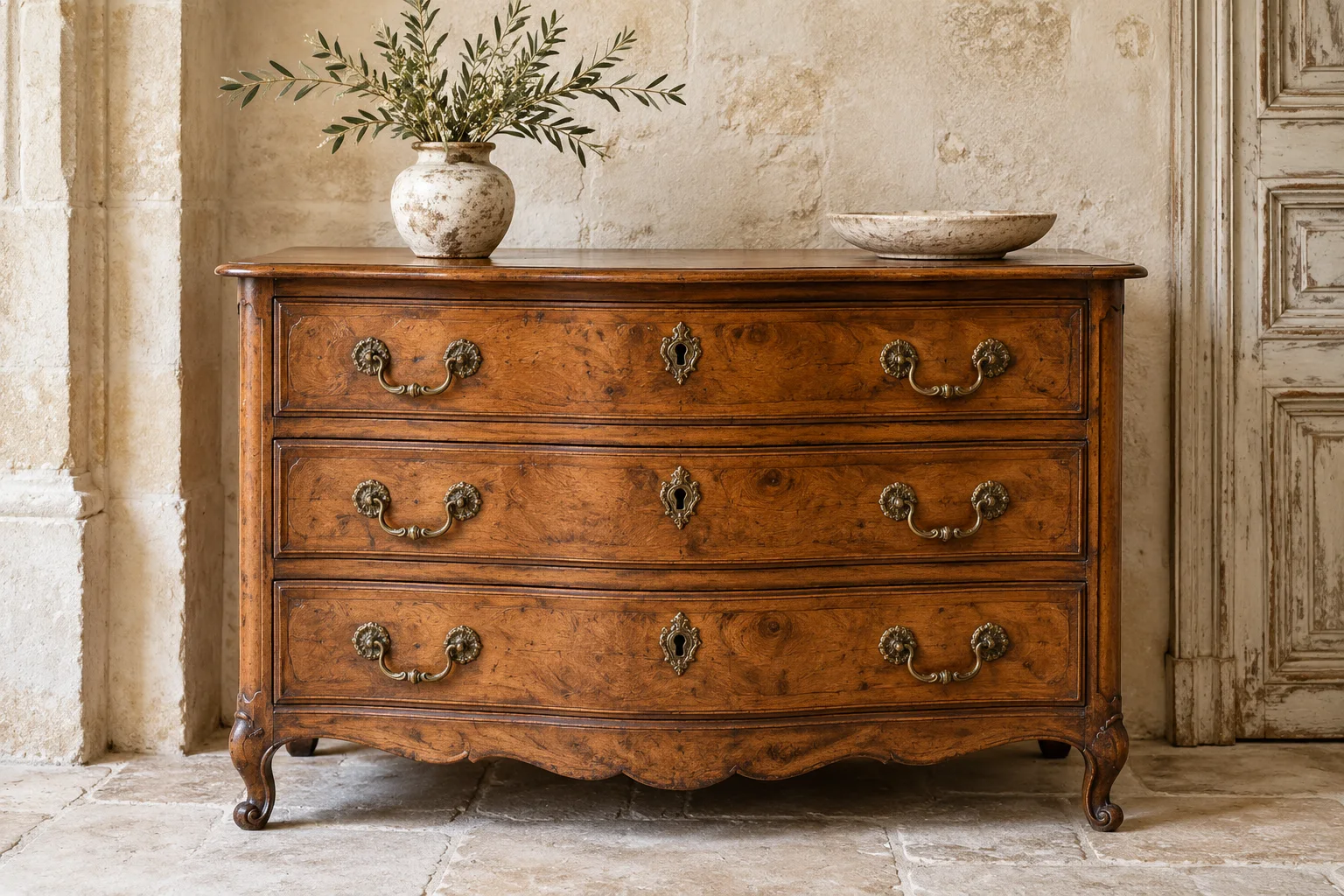 Aged wood chest of three drawers with brass handles and a ceramic vase.