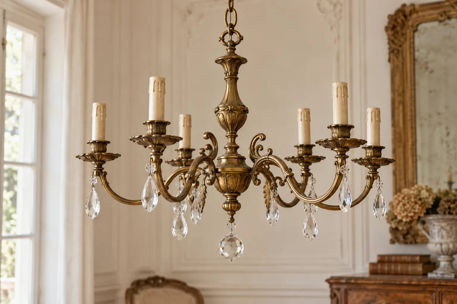 Antique-style brass chandelier with curved arms and glass drops against a pale wall.
