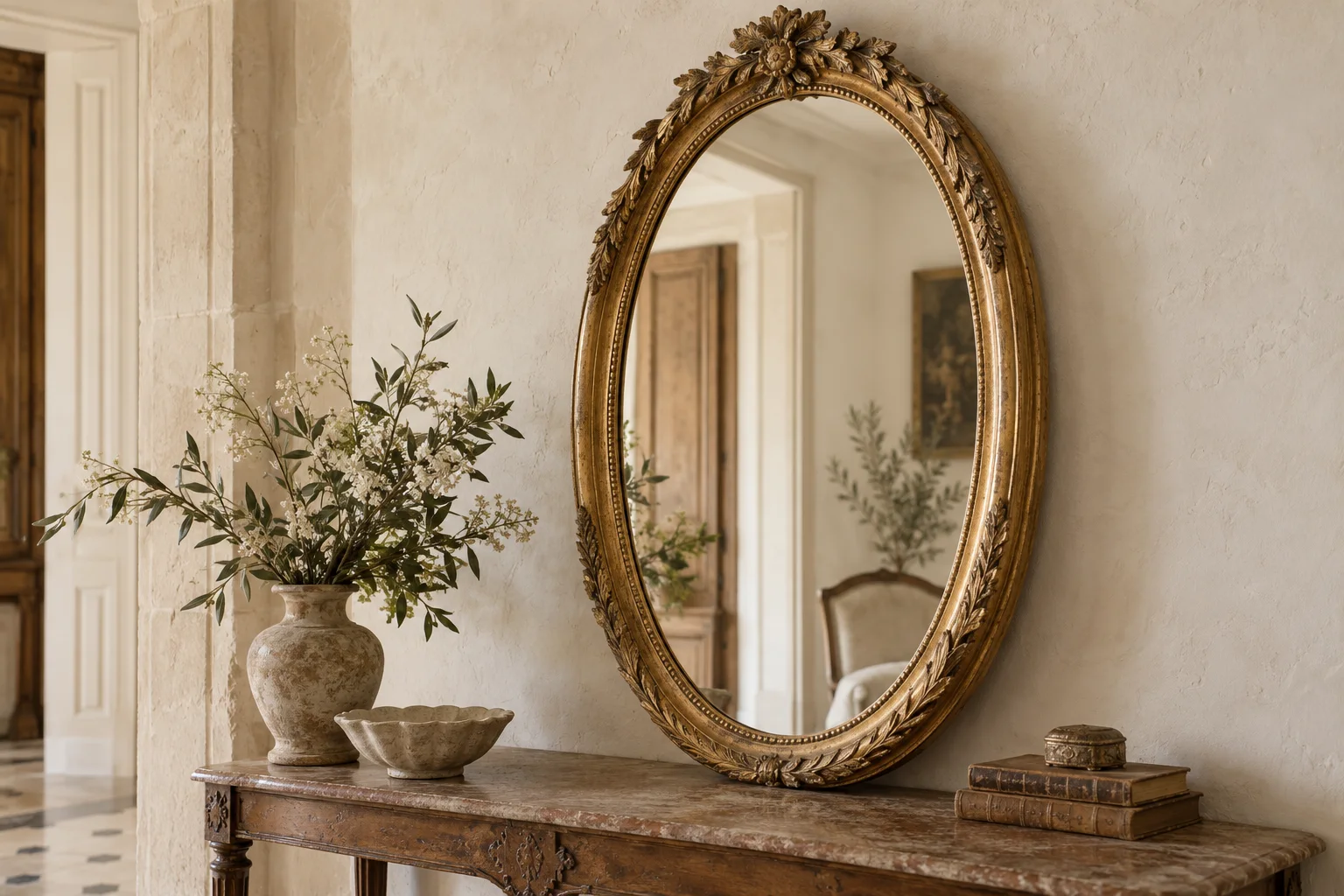 Oval antique gilt mirror with carved foliage against a limewashed wall above a small aged console.