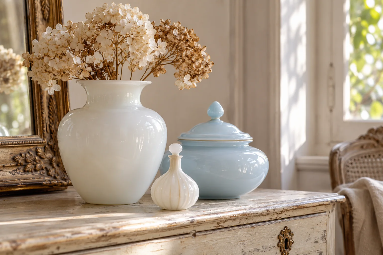White and pale blue opaline glass vases and bottles on an aged dresser.