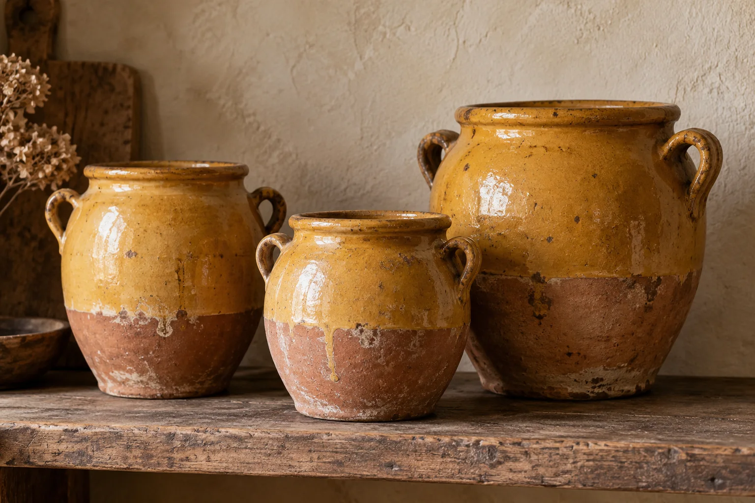 Three ochre-glazed French confit pots with side handles on a wooden shelf.