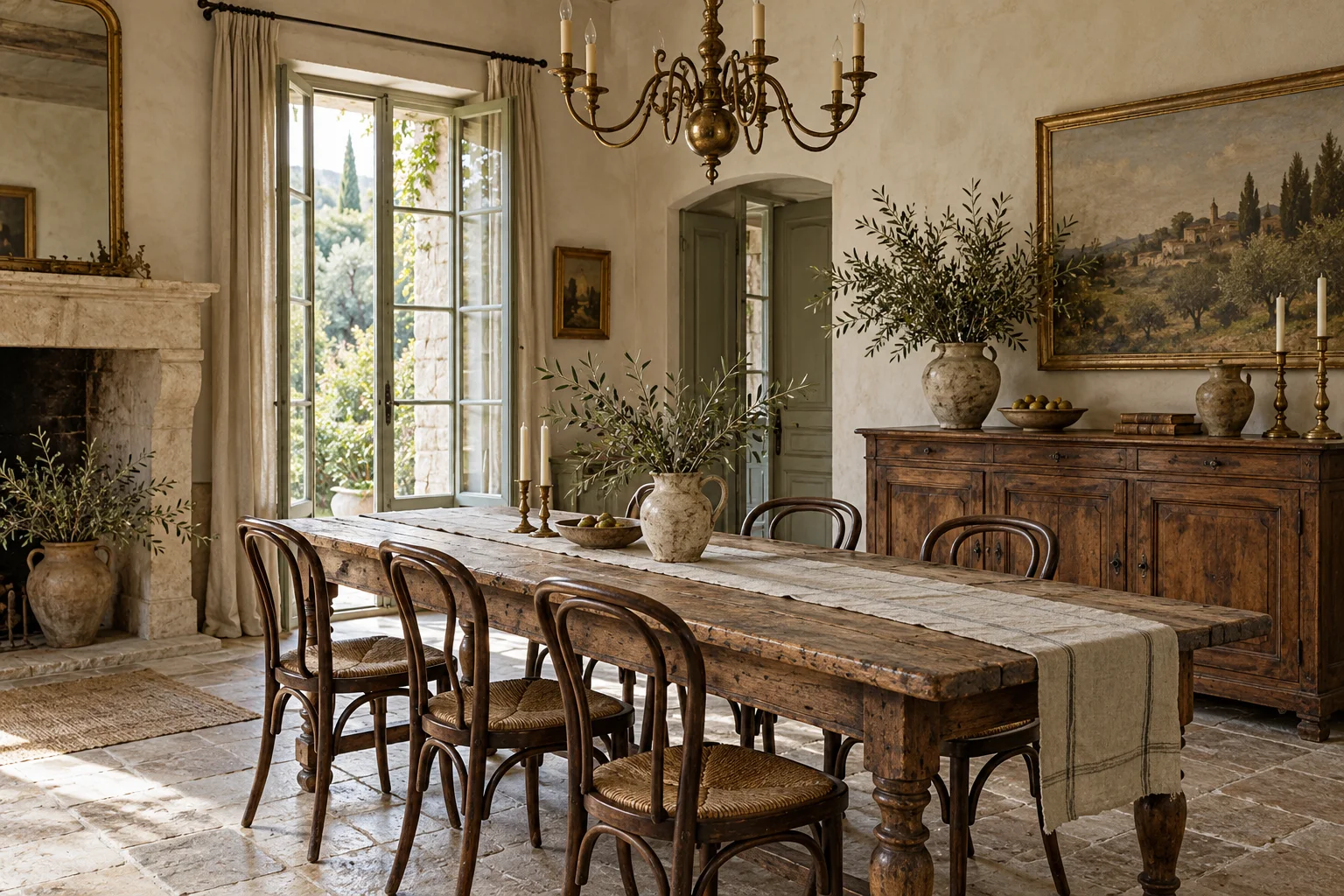 French country dining room with a farmhouse table, bentwood chairs, aged sideboard and brass chandelier.