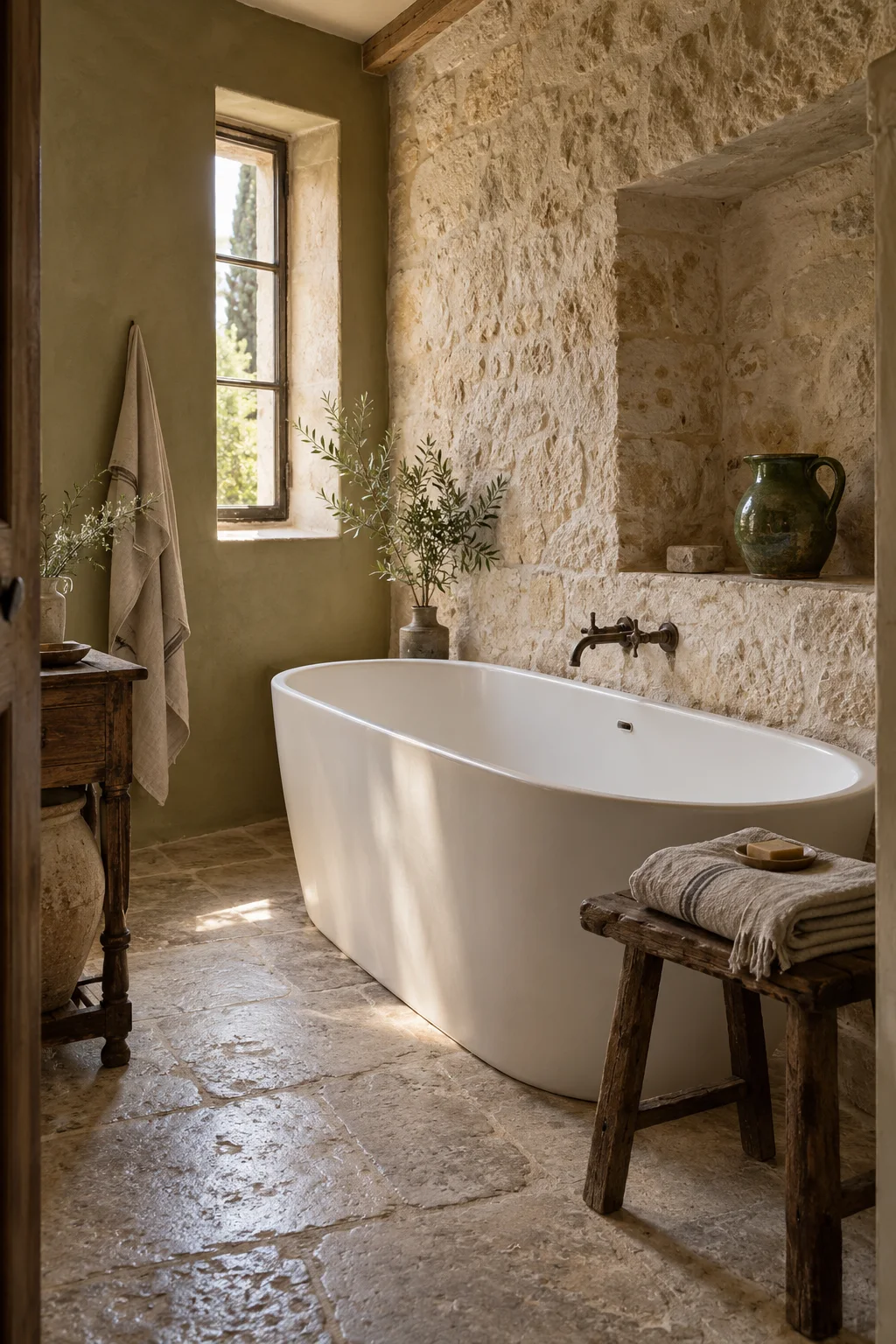 Country bathroom with an oval white bathtub beside a limestone wall, olive plaster, a rustic wooden stool and a green ceramic pitcher.