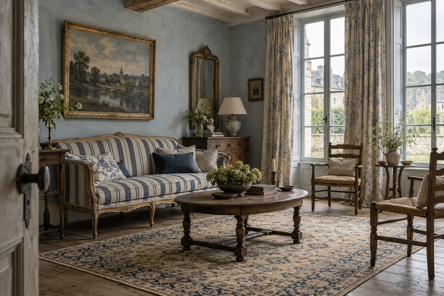AI-created French country living room scene with a decorative mirror and soft linen seating.