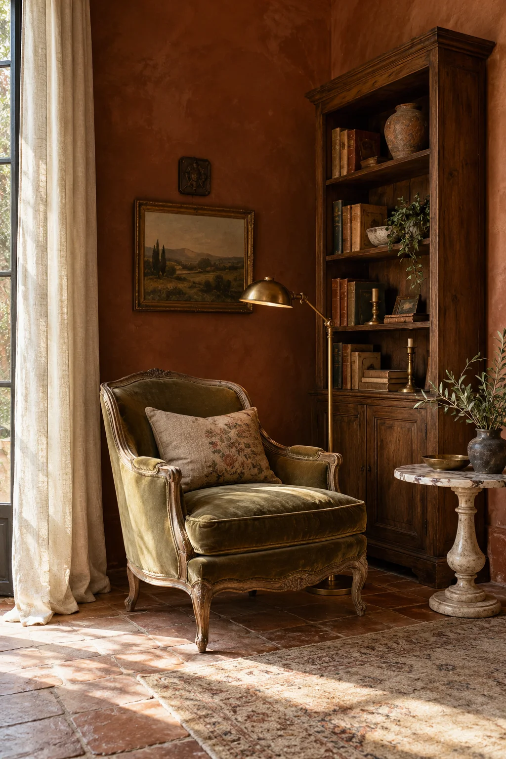 Terracotta reading nook with an olive velvet armchair, tall wooden bookcase and round marble side table.