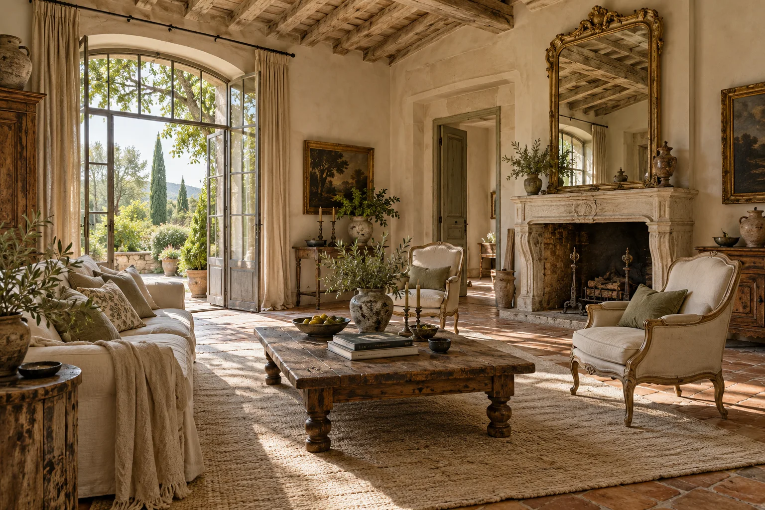 French country living room with a gilt mirror, linen armchairs, aged coffee table, stone fireplace and exposed beams.