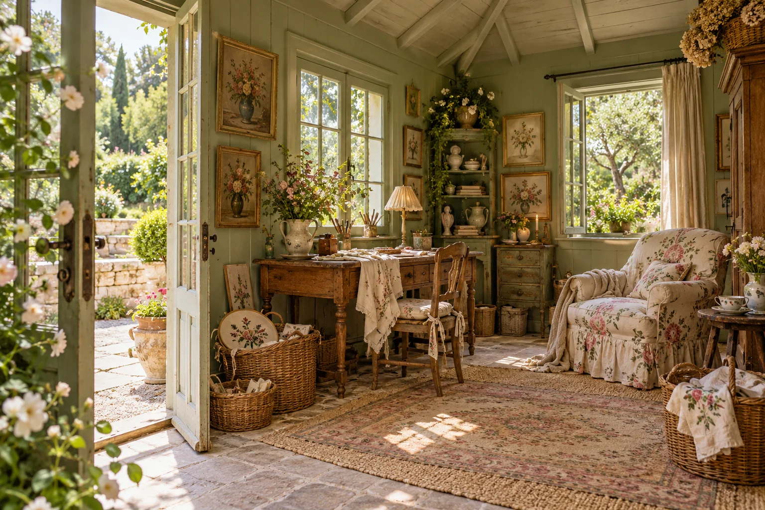 Vintage woman cave in a garden shed with an antique sewing table, floral armchair and embroidery baskets.