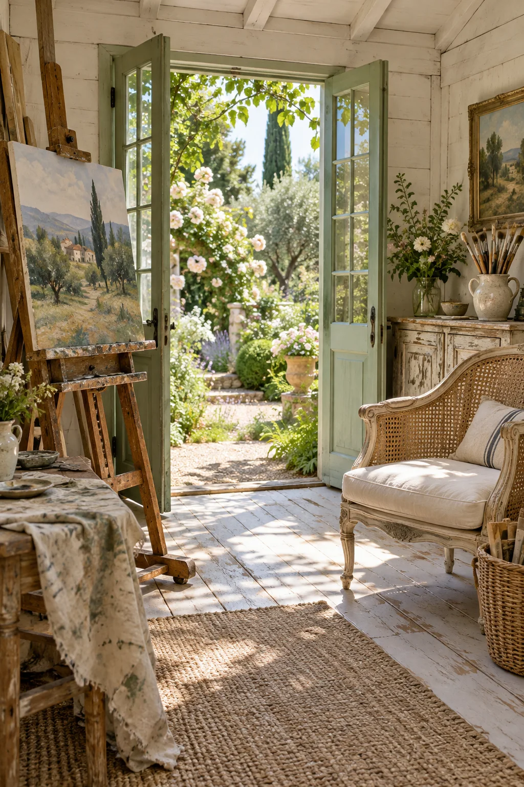 French country she shed with a landscape painting on an easel, an antique cane armchair and open green doors facing a flower garden